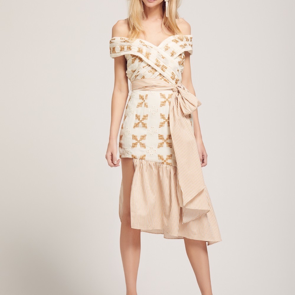 ATOIR Last Vow Dress Size 4 NWT Off Shoulder Midi Ruffle Cream Tan Embroidered